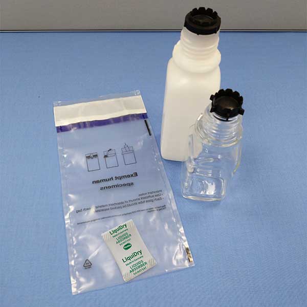 LiquiDry superabsorber in a sample bag with two bottles for transporting the medical samples