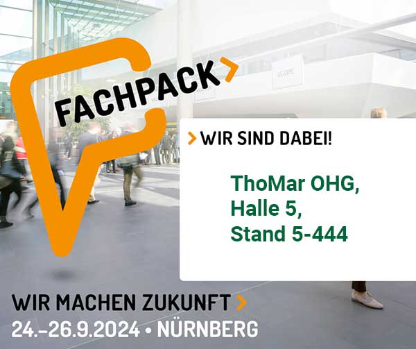 Eine Werbegrafik der Verpackungsmesse Fachpack mit Angaben zum Standort der ThoMar OHG in Halle 5, Stand 5-444