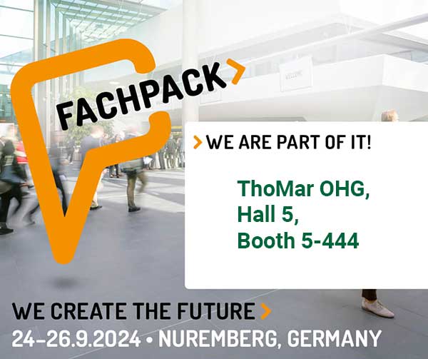 A promotional graphic of the Fachpack packaging trade fair with details of ThoMar OHG's location in hall 5, booth 5-444